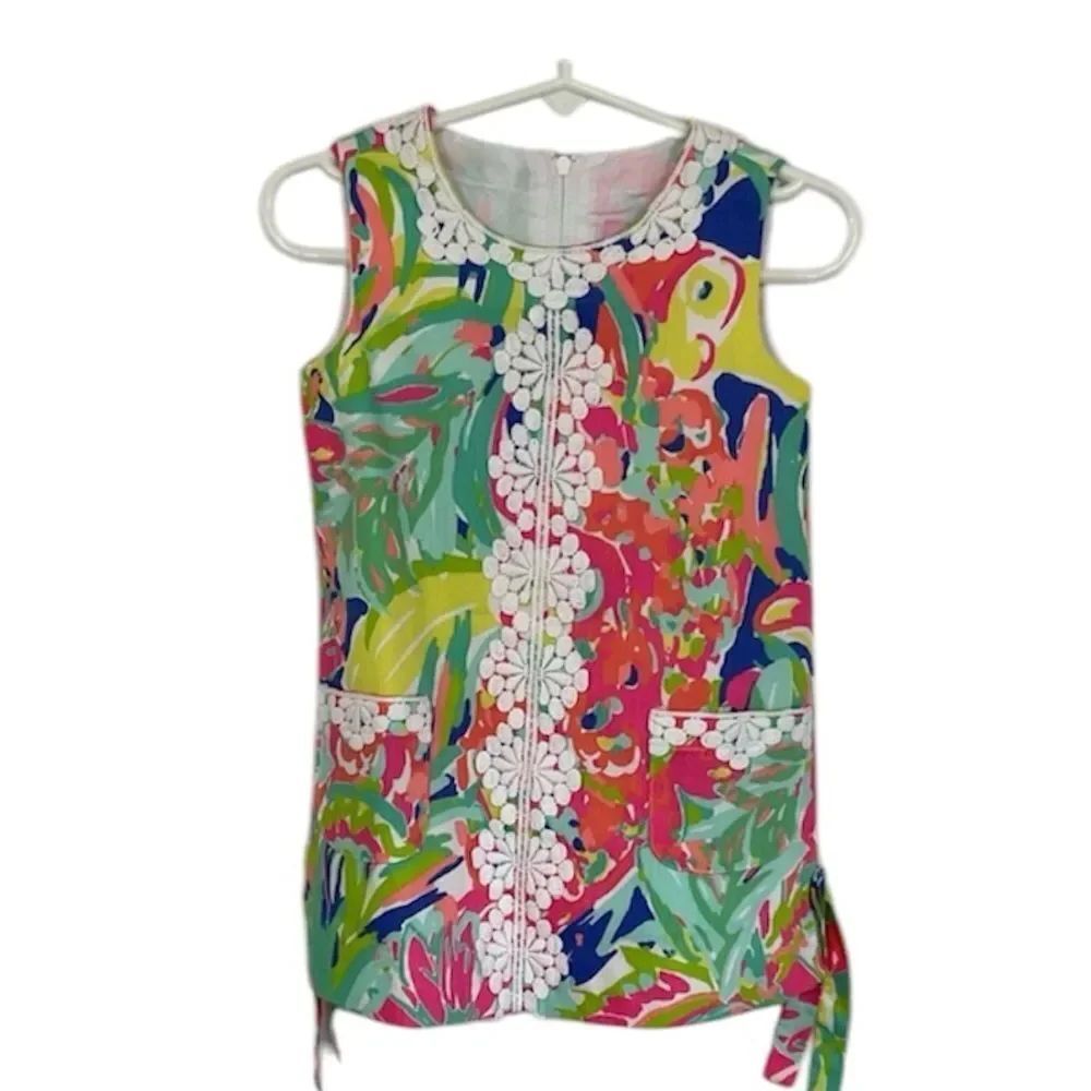 NEW Lilly Pulitzer Girls Multicolor Front Pockets Sleeveless Lace Shift Dress 2